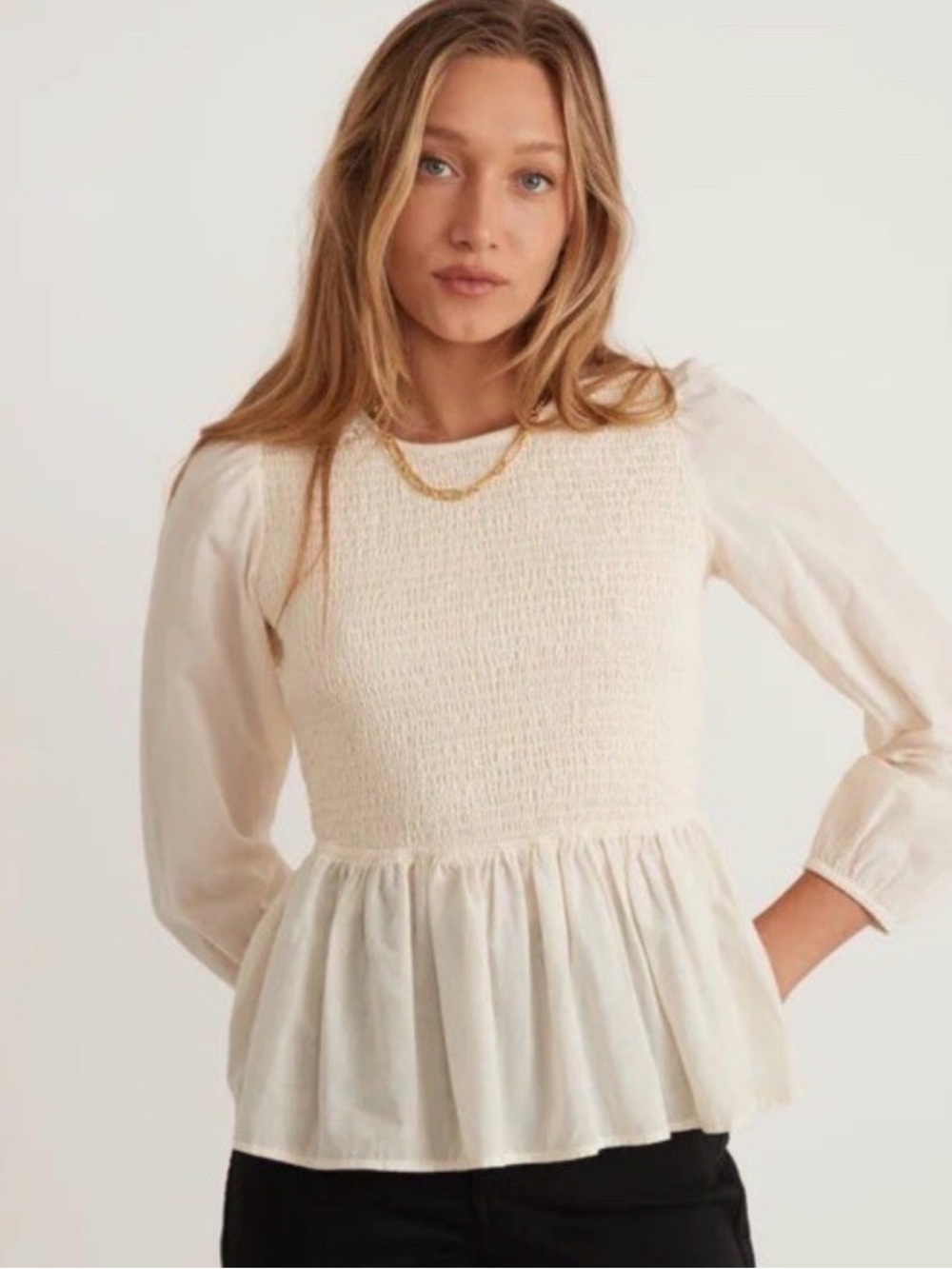 Marine Layer Cream Smocked Peplum Blouse